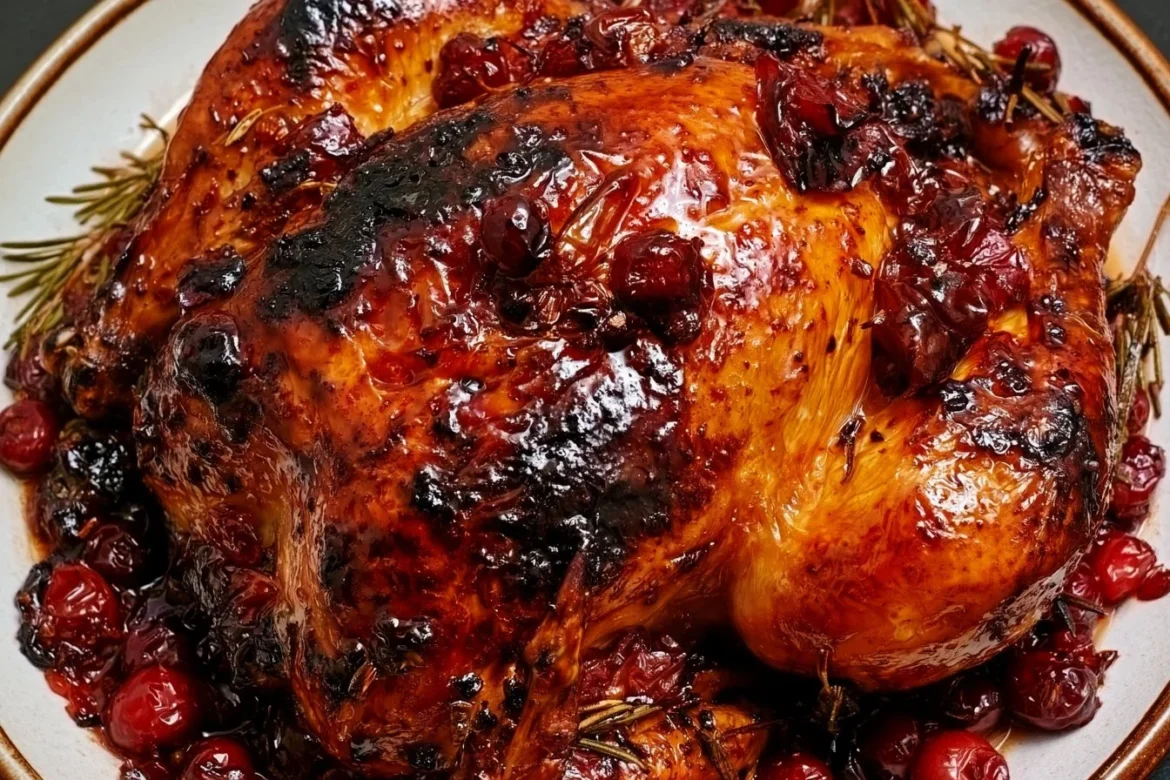 Cranberry Maple Roast Chicken garnished with fresh herbs and vibrant cranberries.