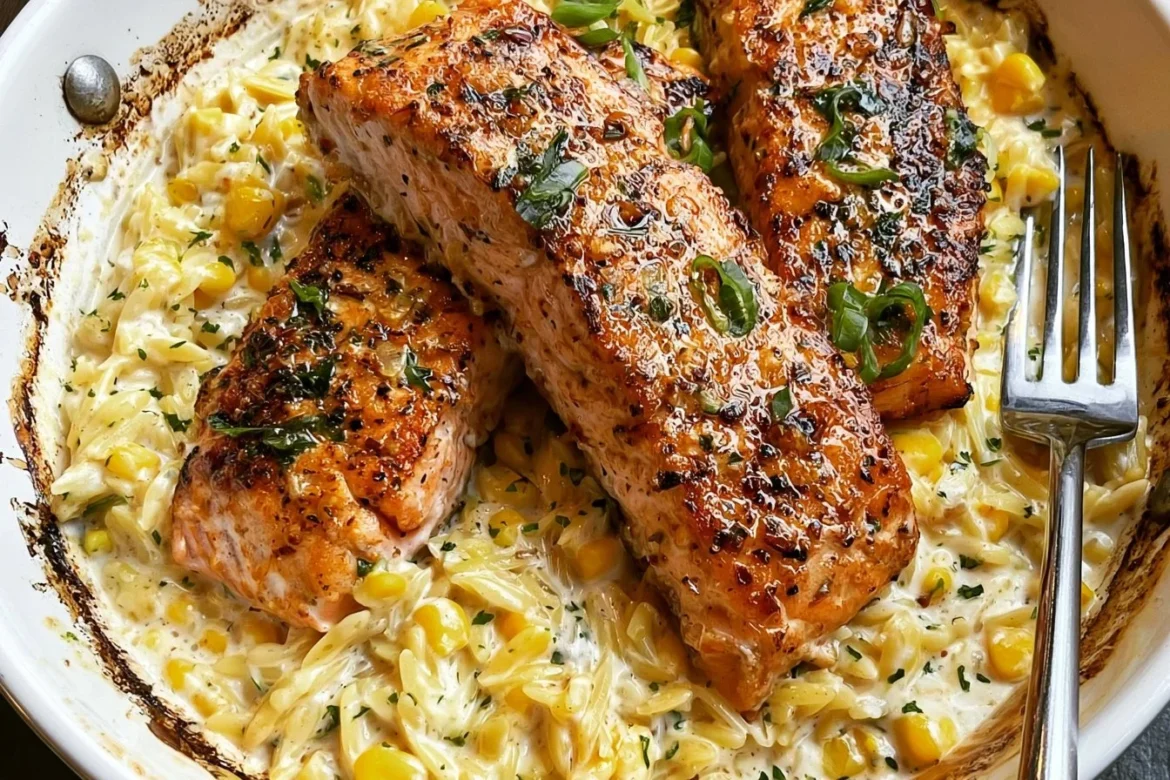 A delicious plate of creamed corn orzo served with salmon, garnished with herbs.
