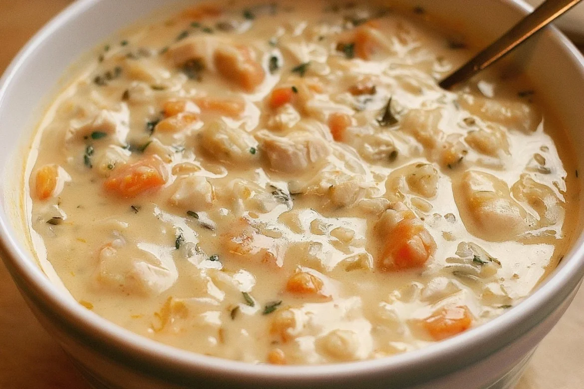 Bowl of creamy chicken rice soup garnished with herbs and spices