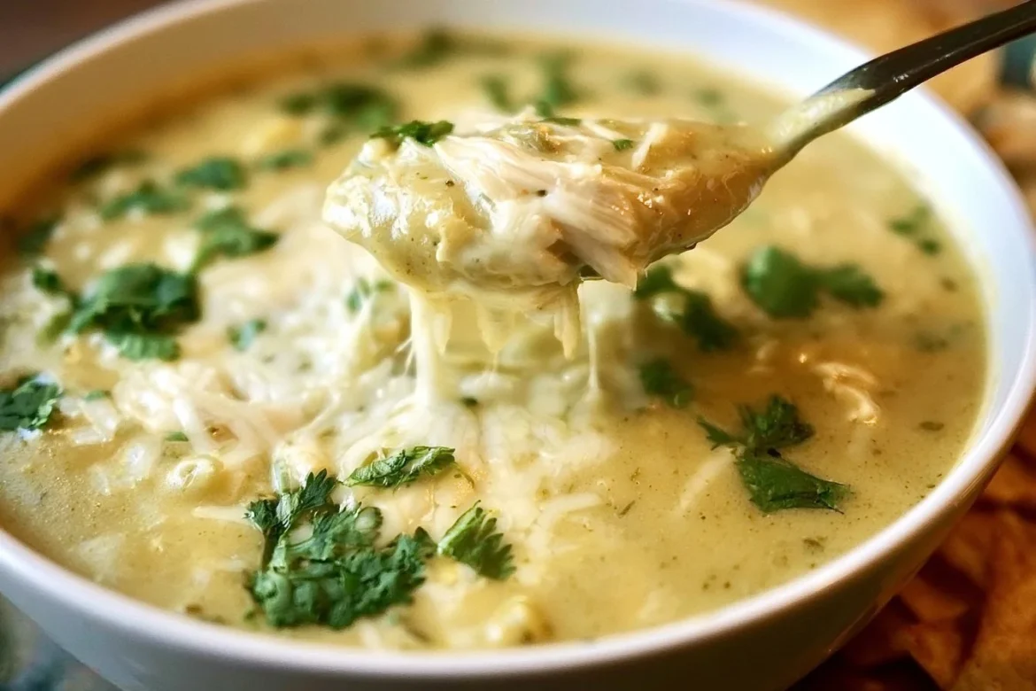 Bowl of creamy green enchilada chicken soup topped with cilantro and tortilla strips