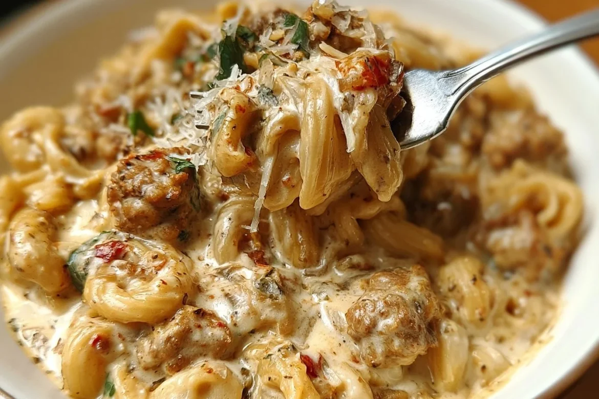 Creamy Italian sausage pasta garnished with herbs and served in a bowl.