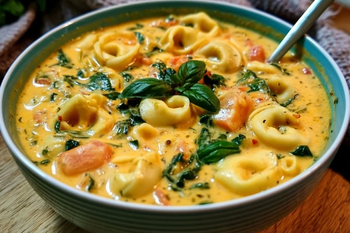 Creamy vegetarian tortellini soup garnished with fresh herbs