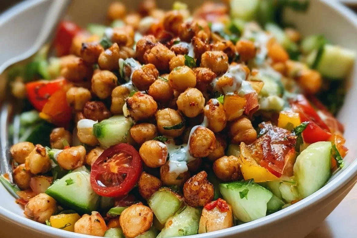 Crispy chili lime chickpea salad garnished with fresh herbs and lime.