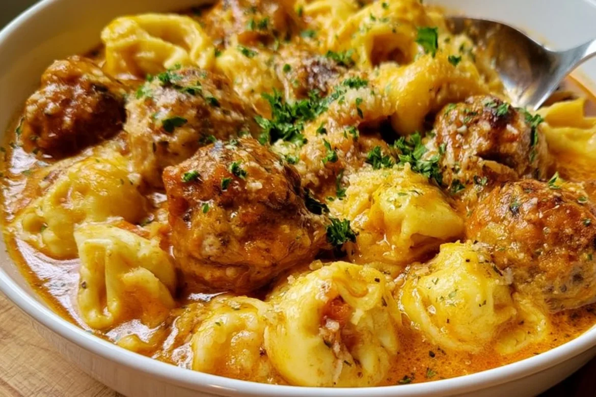 Crock Pot meatballs and tortellini in a savory sauce.