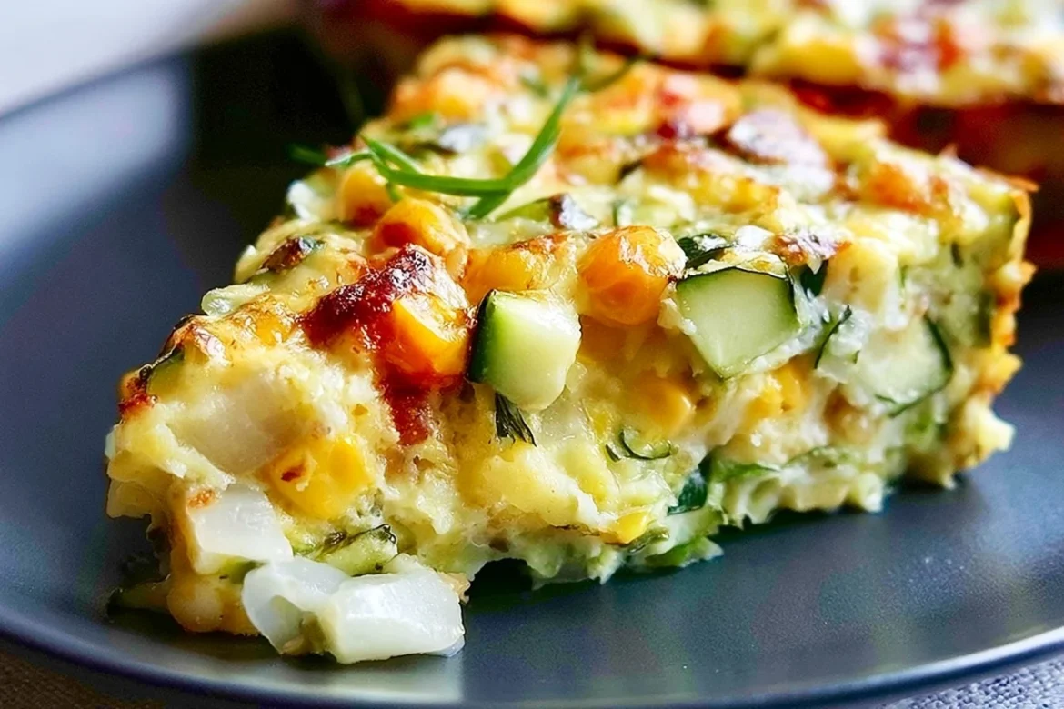 Crustless zucchini and sweet corn quiche served on a plate