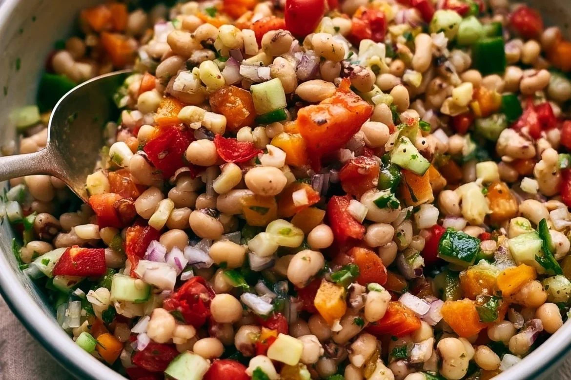 Delicious dense bean salad with colorful vegetables and nutritious beans