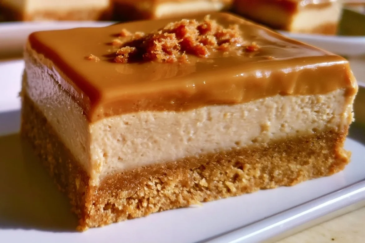 Dulce de Leche Cheesecake Bars topped with caramel and whipped cream