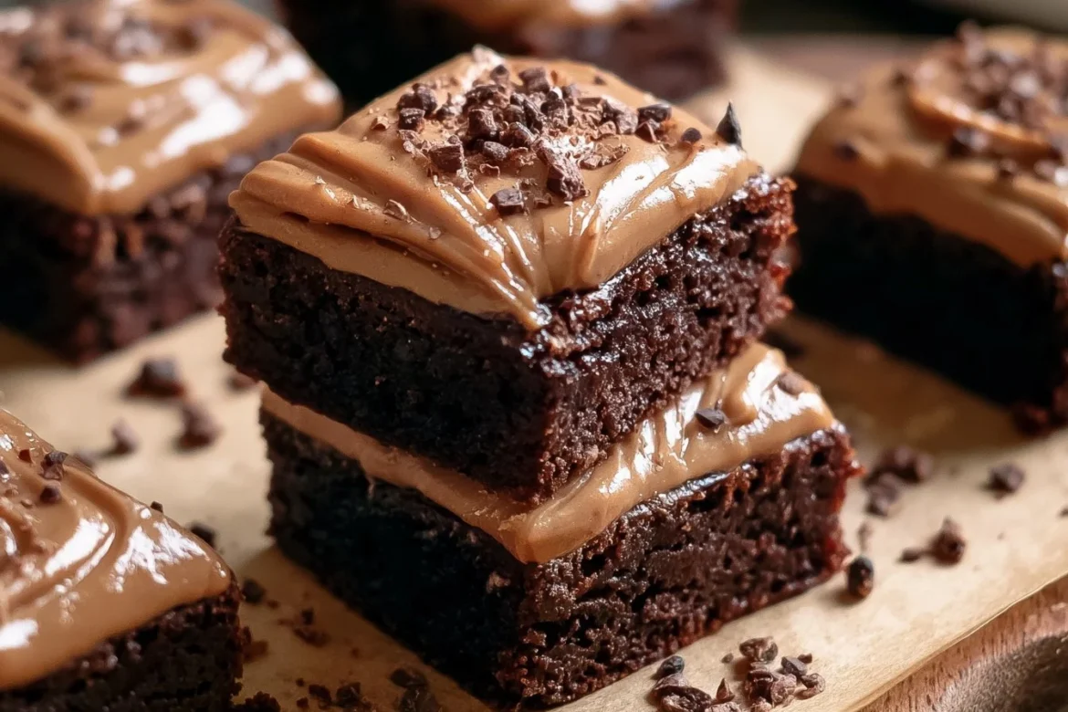 Frosted coffee brownies topped with chocolate icing on a wooden table.