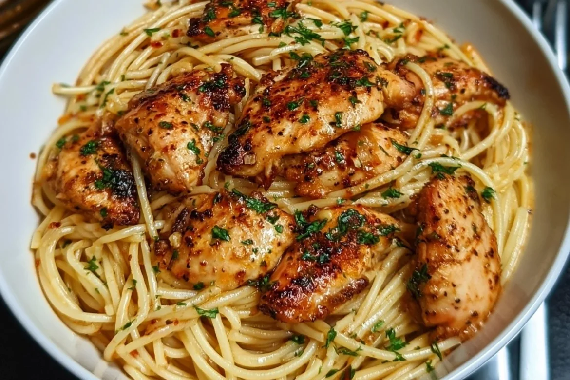 Delicious plate of Garlic Butter Chicken Pasta garnished with parsley and parmesan.