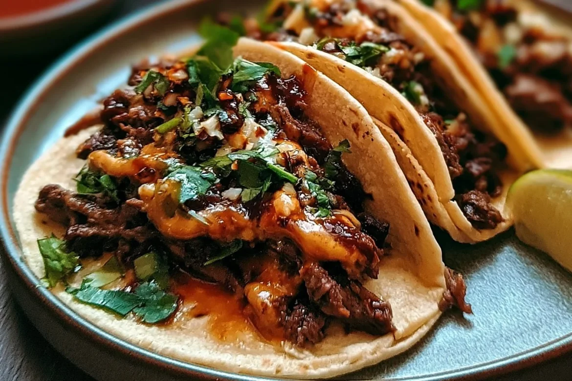 Delicious garlic butter honey BBQ beef tacos on a plate