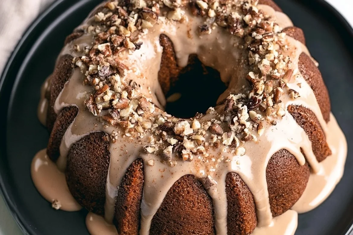 Delicious Gingerbread Bundt Cake drizzled with Maple Cinnamon Glaze.