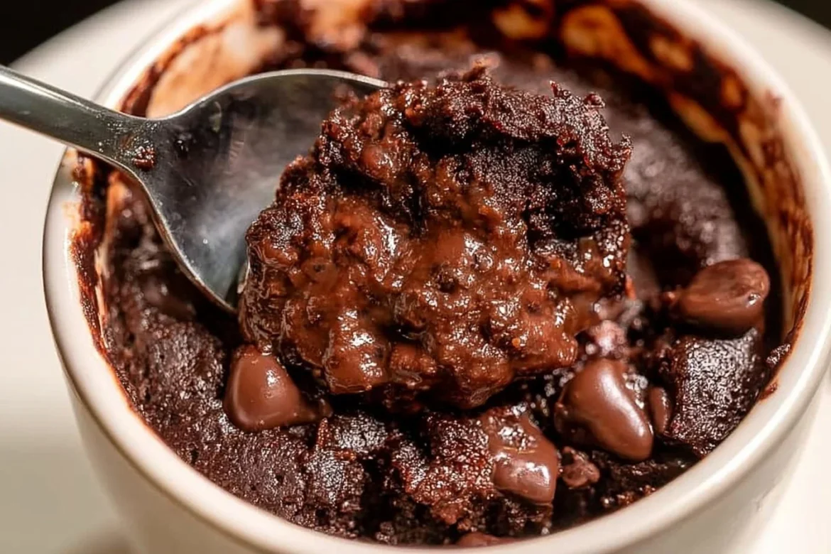 Deliciously gooey chocolate mug cake served in a mug, perfect for dessert lovers.