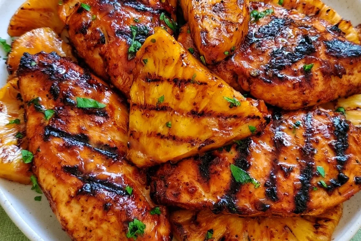 Delicious Grilled Aloha Chicken served with fresh pineapple slices.
