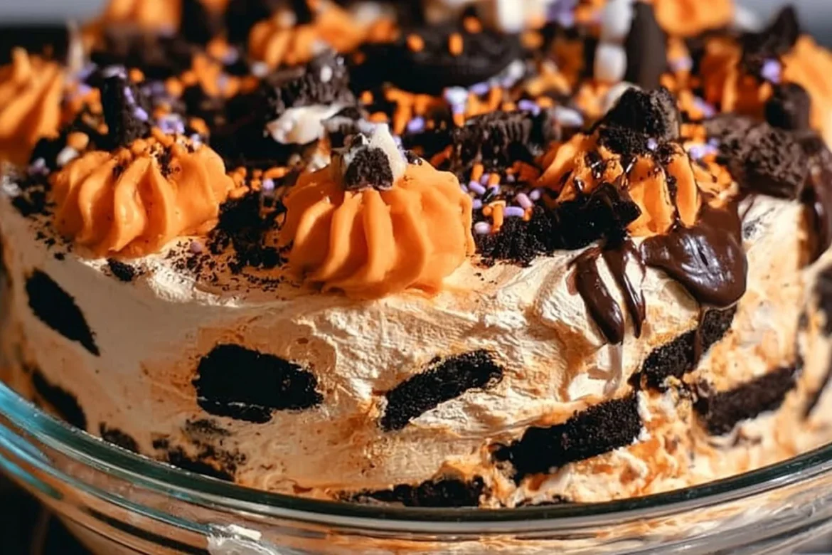 Halloween Icebox Cake decorated with spooky Halloween motifs