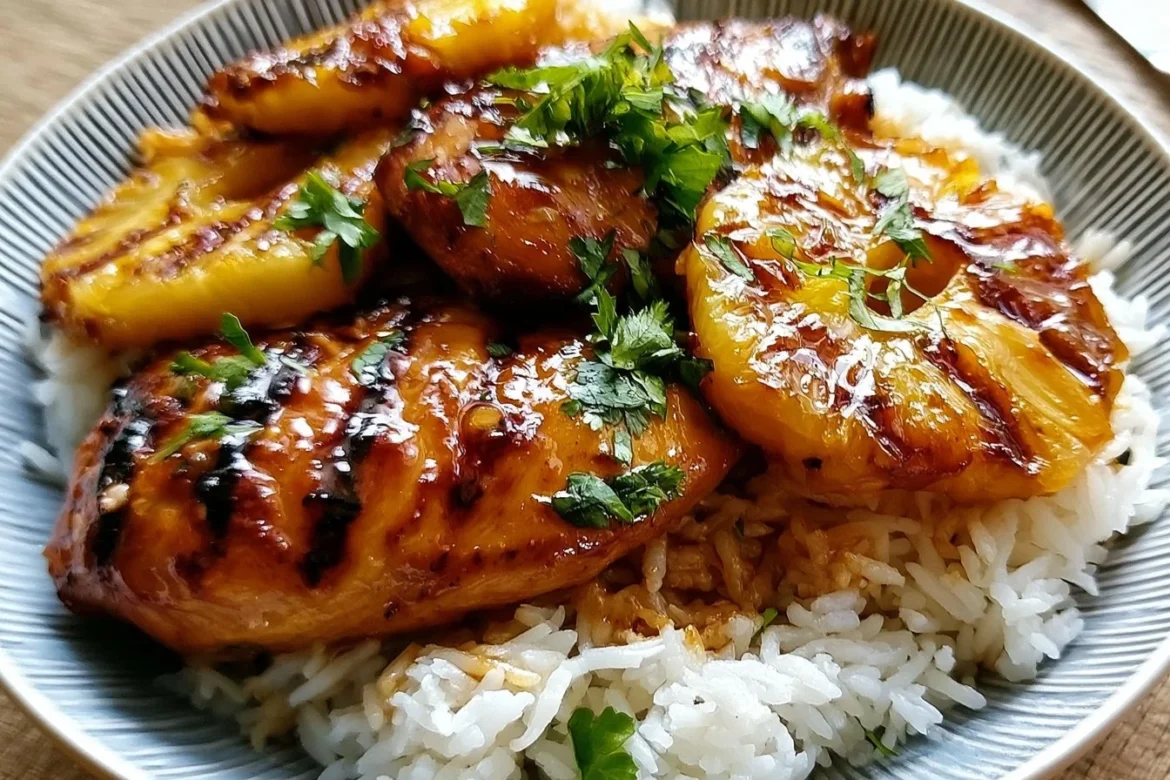 Hawaiian Chicken served with Coconut Rice on a plate