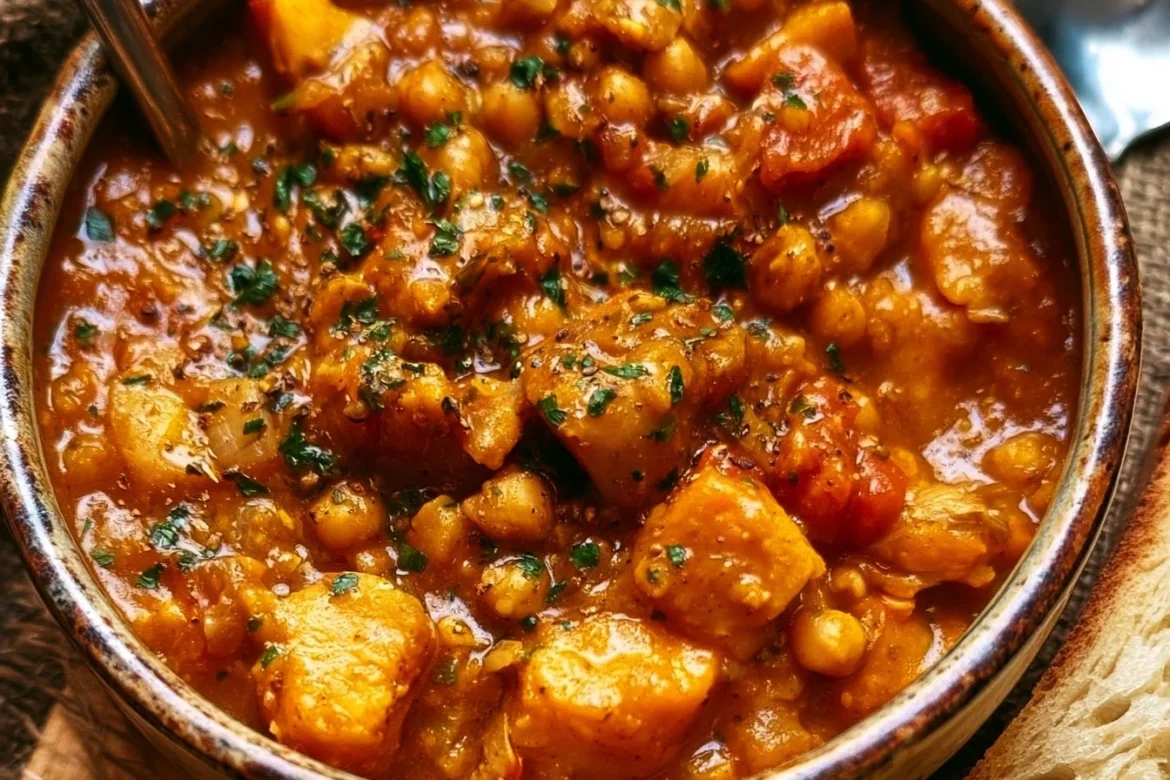 Bowl of hearty vegan sweet potato stew with vegetables and herbs