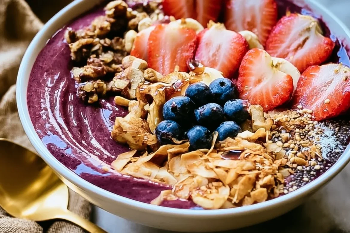 High Protein Acai Bowl with fresh fruits and toppings