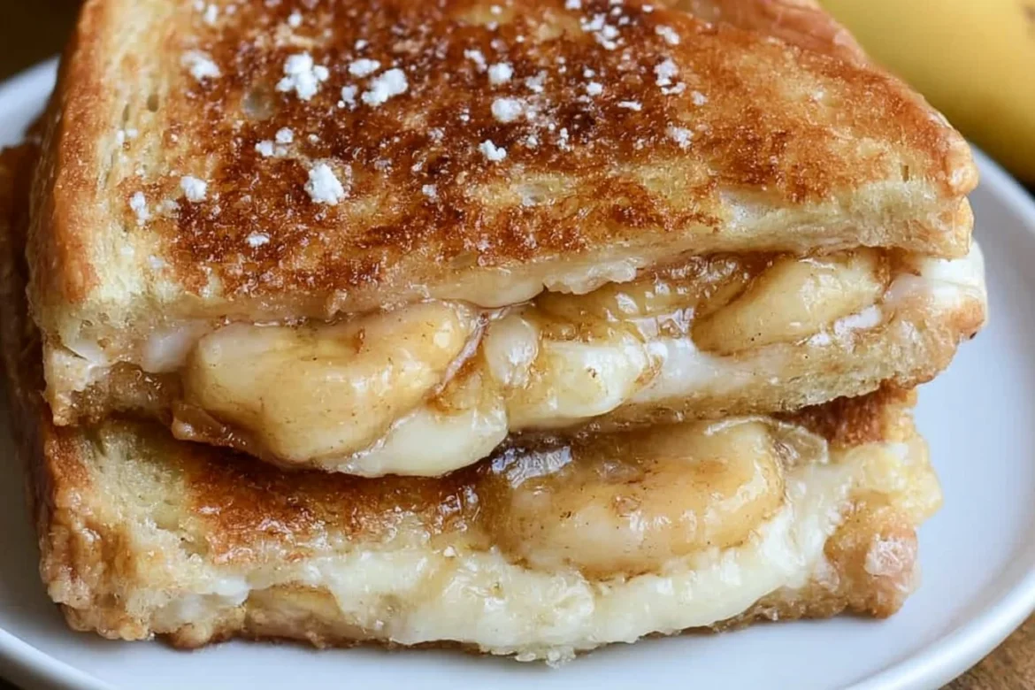 Honey Banana Grilled Cheese Sandwich on a plate, melted cheese and banana slices visible