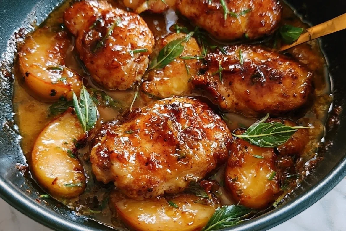 Honey Butter Peach Chicken served on a plate with fresh herbs