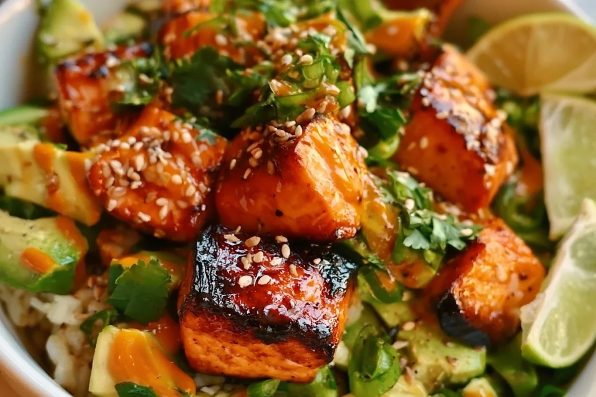 Delicious honey glazed salmon bowl with fresh vegetables and grains