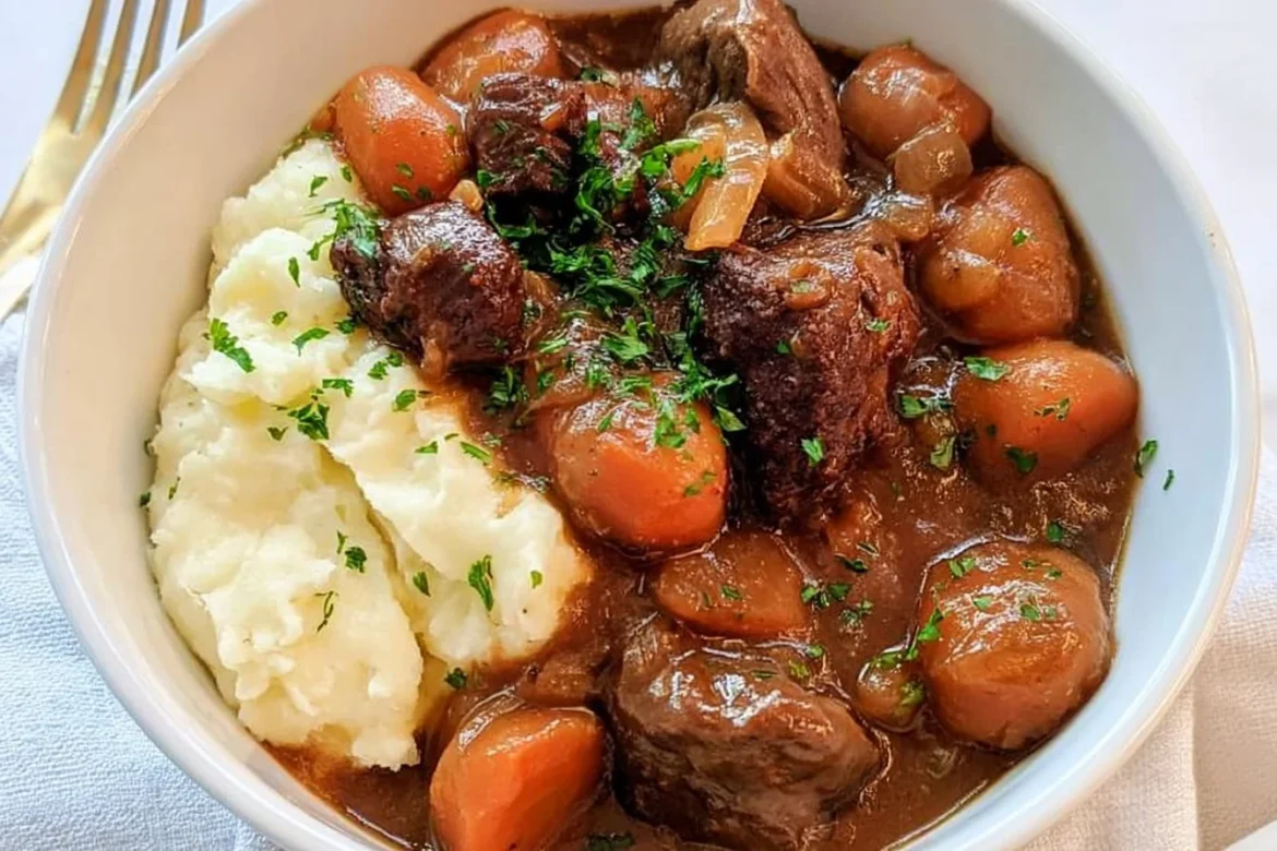 Irish stew served with creamy mashed potatoes, a traditional Irish comfort food dish.