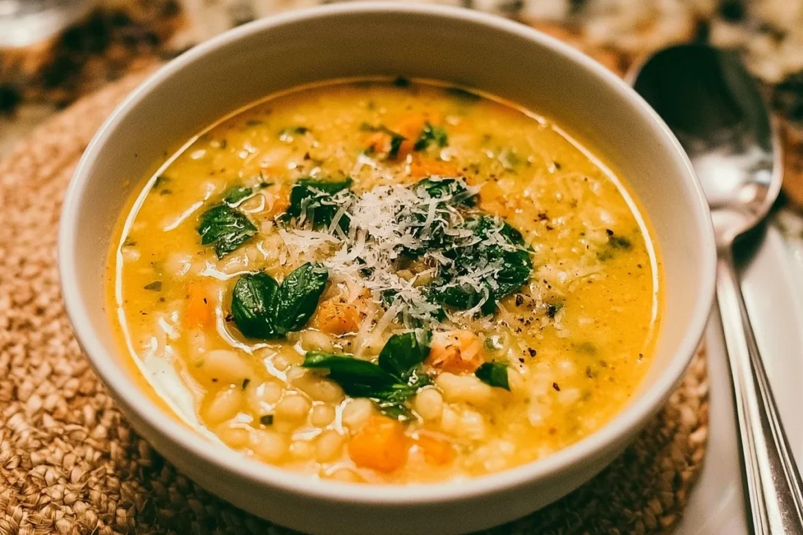 Bowl of Italian Penicillin Soup garnished with herbs and vegetables