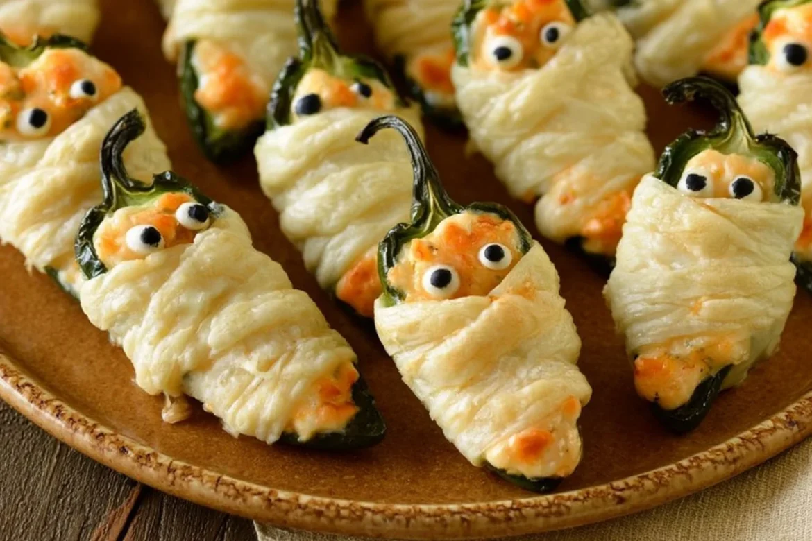 Jalapeno Popper Mummies Halloween appetizers with spooky decorations