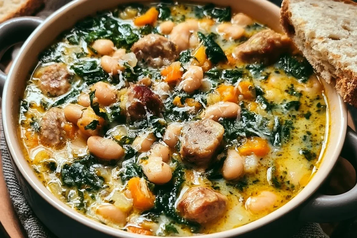 Bowl of Kale and White Bean Sausage Soup with fresh ingredients