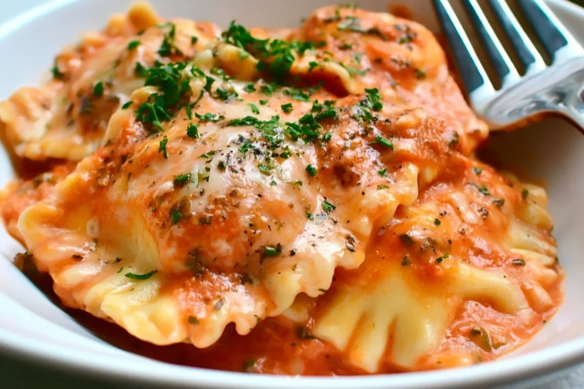 Delicious Marinara Alfredo Ravioli served with marinara sauce and creamy Alfredo
