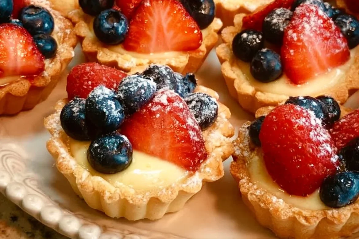 Assorted mini fruit tarts topped with fresh berries and cream.