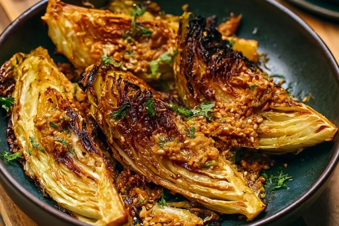 Delicious miso butter roasted cabbage wedges served on a plate