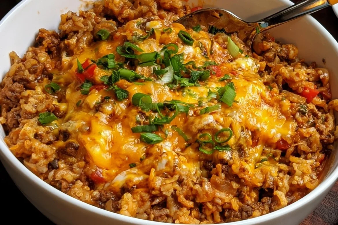 Delicious one pot cheesy cajun beef rice with colorful peppers and spices