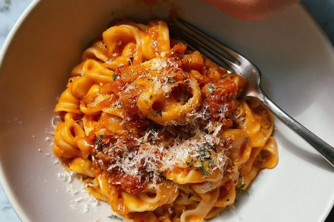 Plate of Pasta Alla Zozzona topped with herbs and spices