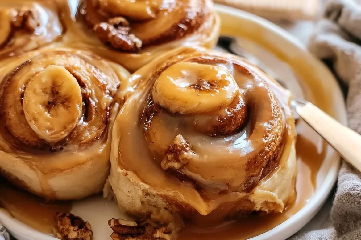 Delicious peanut butter banana cinnamon rolls drizzled with glaze on a plate