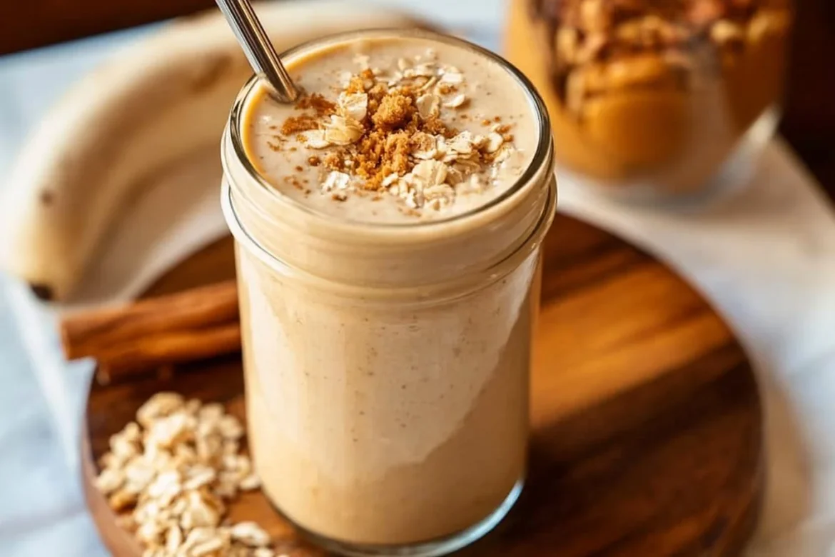 A refreshing Peanut Butter Oatmeal Smoothie in a glass topped with oats and peanut butter.