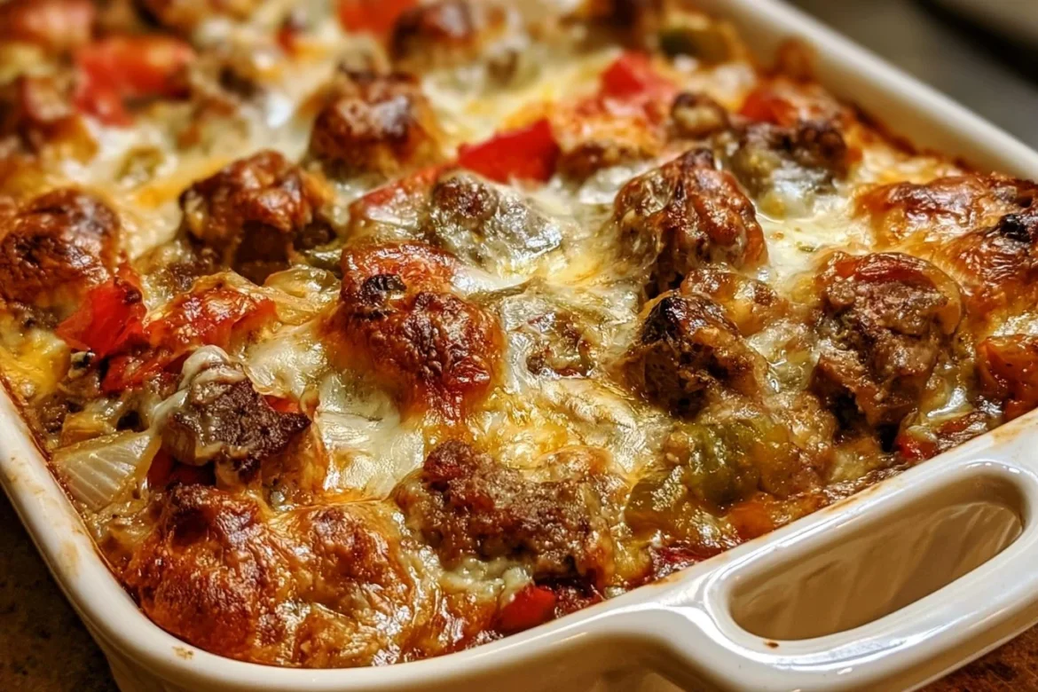 Philly cheesesteak casserole topped with melted cheese and fresh herbs