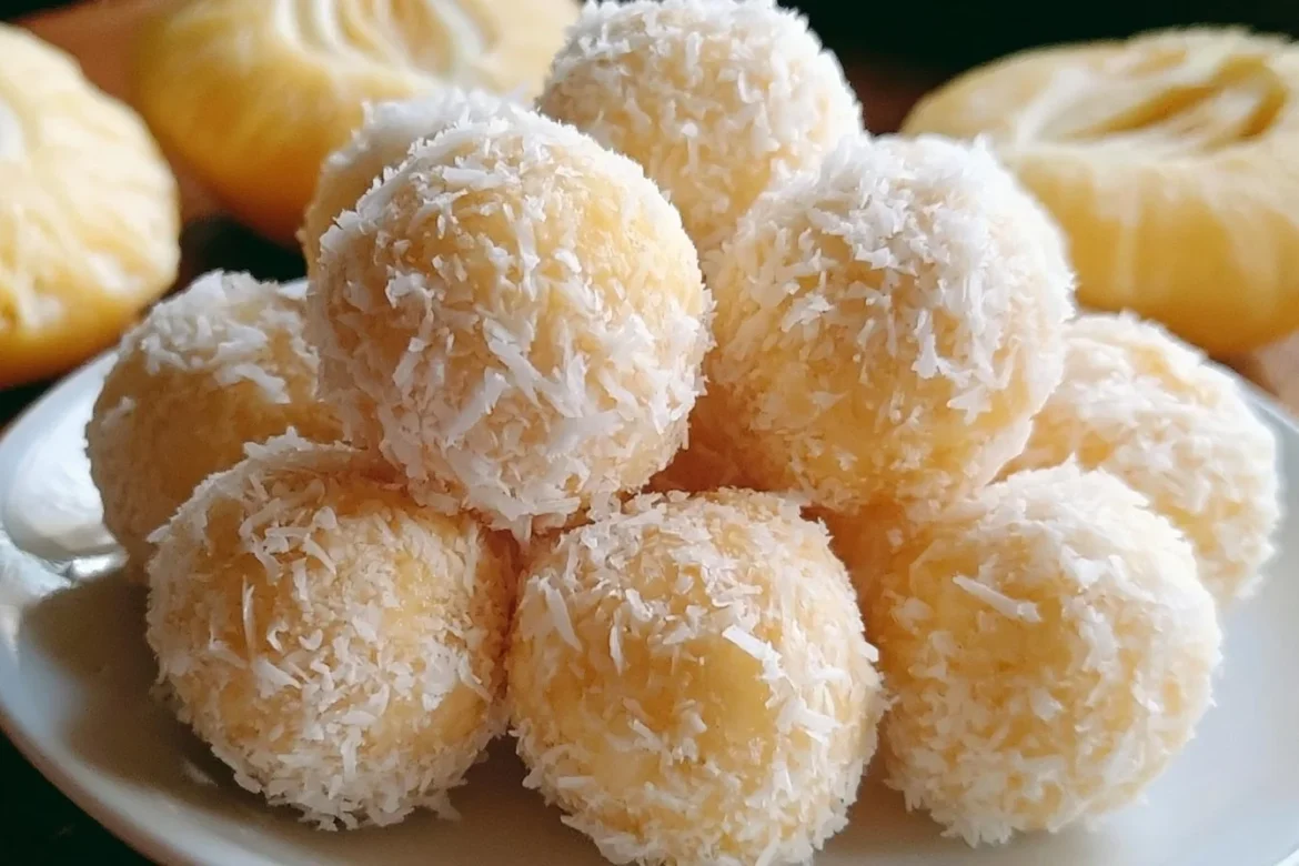 Pineapple coconut balls on a plate, a tropical treat for dessert lovers.