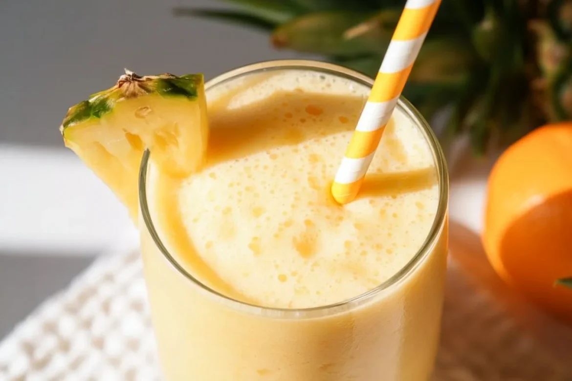 Refreshing pineapple orange smoothie in a glass with tropical fruits