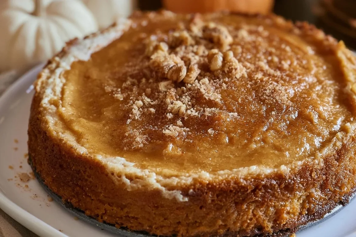 Delicious Pumpkin Gooey Butter Cake fresh out of the oven with pumpkin garnish.