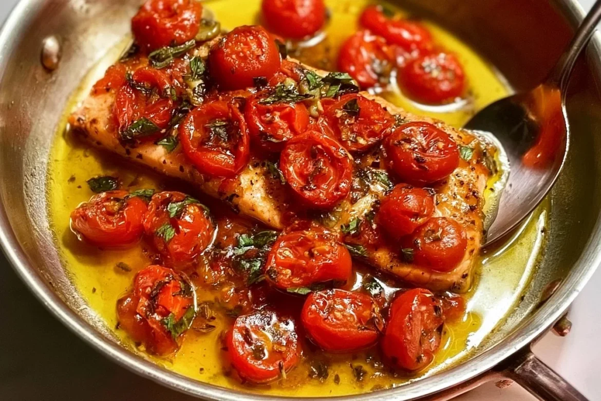 Plate of quick and easy salmon with tomato lemon sauce garnished with herbs.