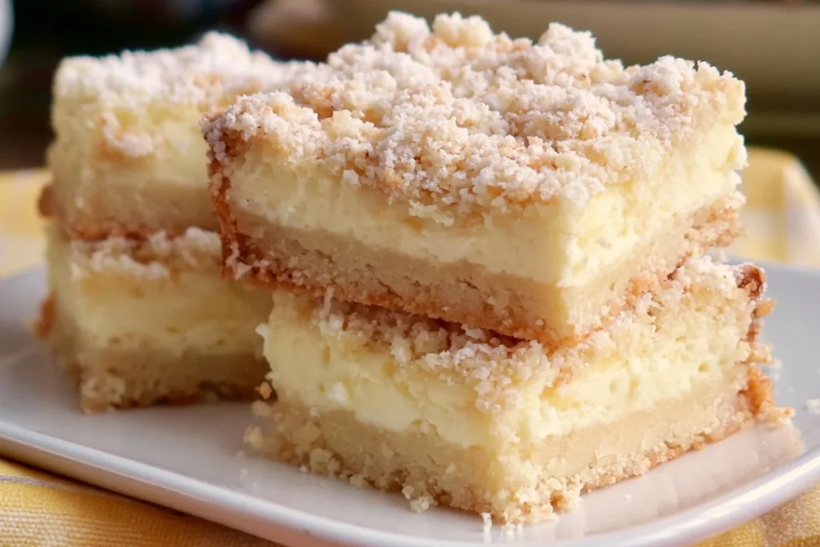 Delicious ricotta crumb bars served on a plate with a golden crumb topping