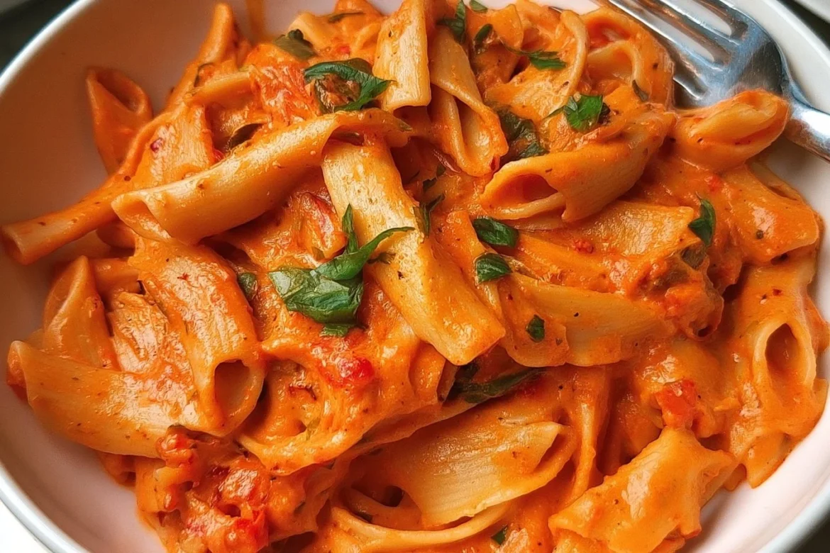 Bowl of creamy roasted red pepper pasta garnished with fresh herbs