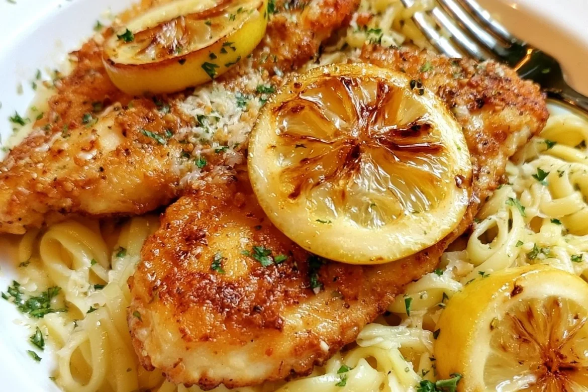 Plate of Romano Chicken with lemon garlic pasta garnished with herbs