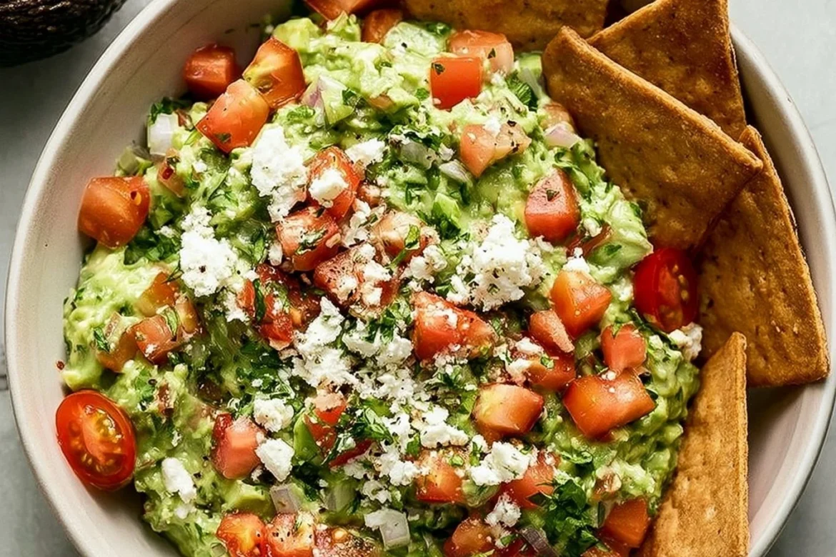 Delicious avocado feta dip served in a bowl with fresh herbs and vegetables