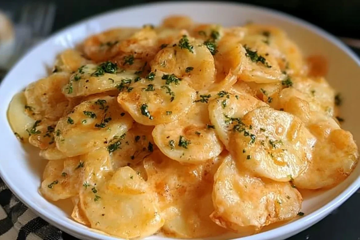 Delicious slow cooker scalloped potatoes served in a bowl.