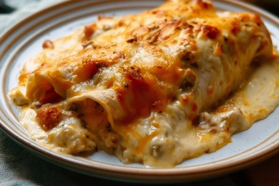 Delicious sour cream enchiladas topped with cheese and cilantro.