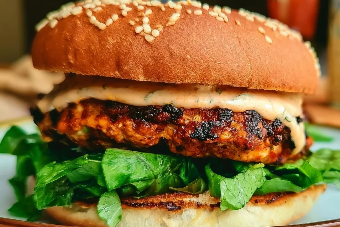 Delicious Spicy Chipotle Chicken Burger topped with fresh ingredients