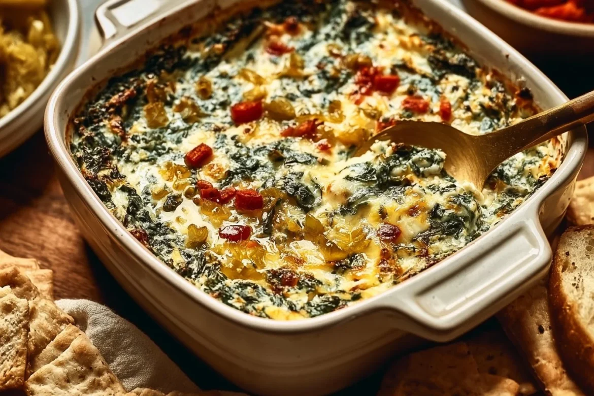 Creamy Spinach and Pepperoncini Baked Feta Dip served in a bowl
