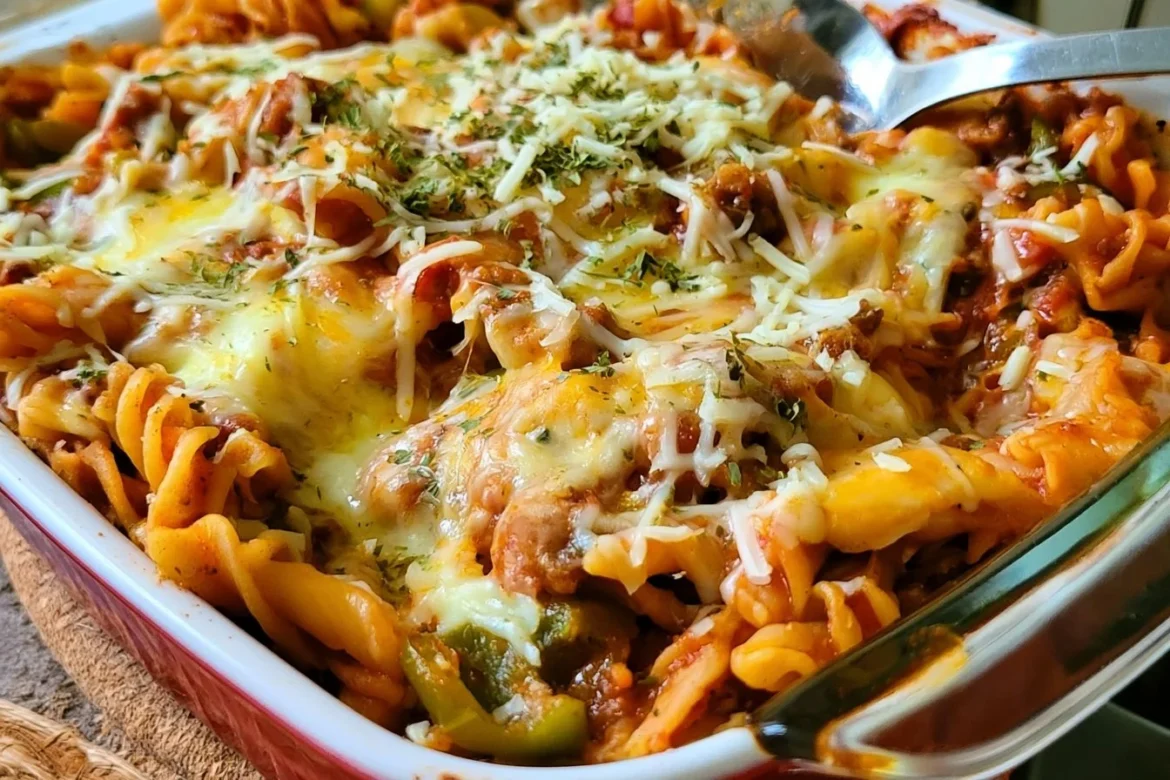 Deliciously baked stuffed bell pepper pasta casserole topped with cheese.