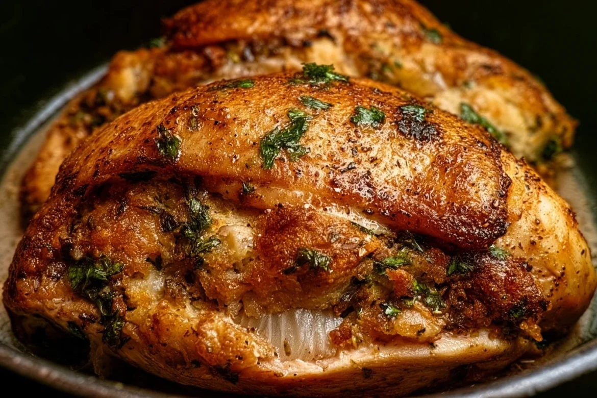Delicious stuffed chicken breasts with flavorful stuffing served on a plate